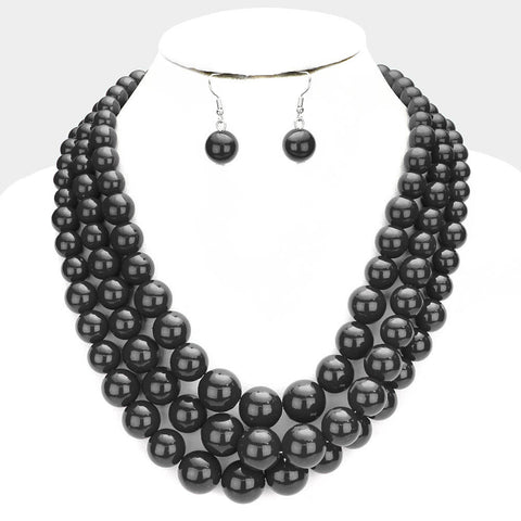 3 Layer BLack Pearl Necklace & Earrings Set