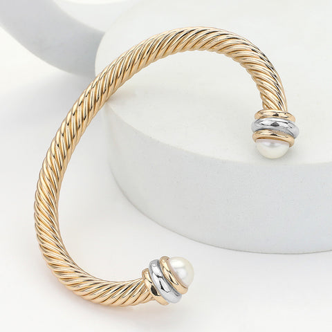 Gold Cream Pearl Twisted Cuff Bracelet