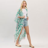 Leopard Print Long Kimono Poncho- Pink & Green