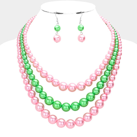 Pink & Green 3 Layer Necklace and Earring Set
