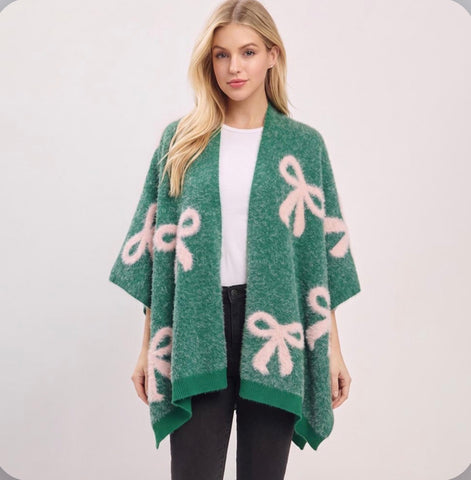 Fuzzy Bow Embossed Knot Shawl Winter Poncho