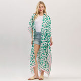 Leopard Print Long Kimono Poncho- Pink & Green