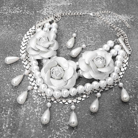 Bold Leather Floral Embellished Pearl Statement Necklace