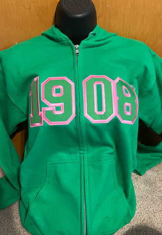 1908 Hoodie Zipper Sweatshirt- Green - Max 1 Per Order