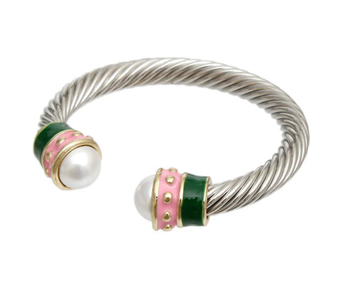 Pearl Tip Pink & Grn Cuff Bracelet