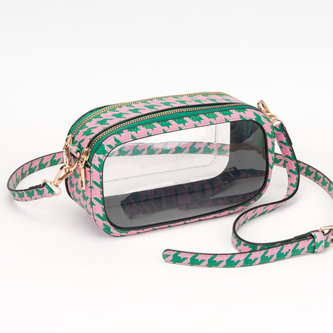Solid Faux Leather Houndstooth Transparent Rectangle Crossbody Bag