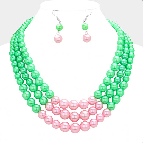 Pink Tip and Green Pearl Necklace Set