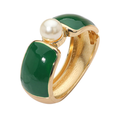 Pearl Accent Hinged Green Bangle