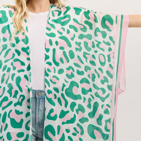 Leopard Print Long Kimono Poncho- Pink & Green