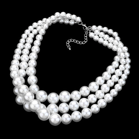 Triple Strand Pearl Chunky Necklace - White