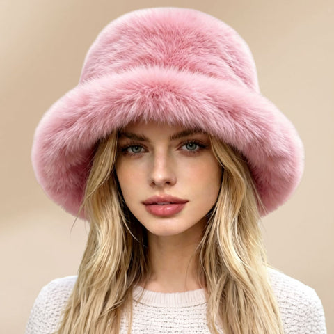 Oversized Plush Fur Winter Bucket Hat - Pink