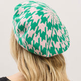 Houndstooth Knit Beret- Pink & Green