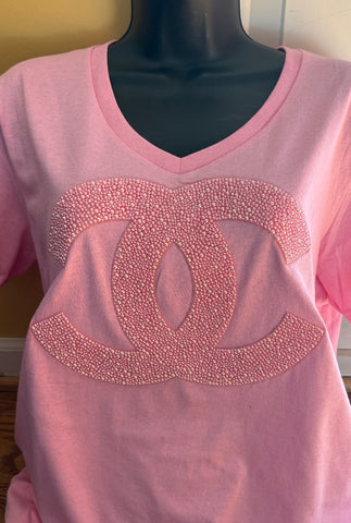 Pink Chanel Style Pearl AKA Vneck Tshirt - Limit 1 Per Order