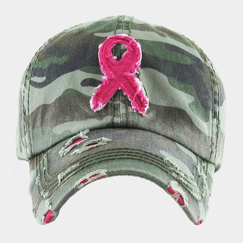 Camouflage Patterned Pink Ribbon Accented Vintage Baseball Cap