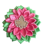 Salmon Pink & Apple Green Ivy Satin Flower Brooch