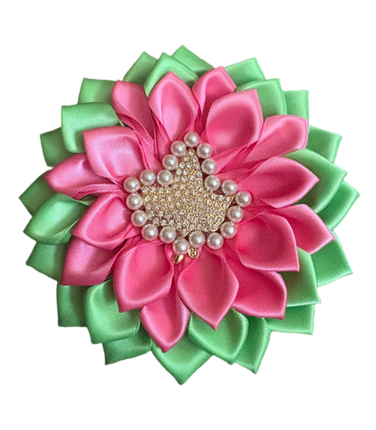 Salmon Pink & Apple Green Ivy Satin Flower Brooch