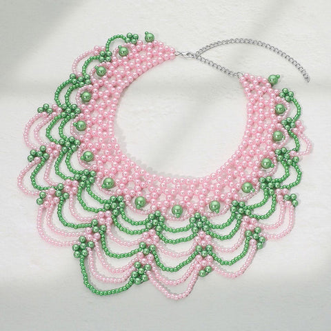 Elegant Pearl Beaded Bib Statement Choker Necklace