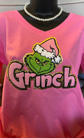 Grinch- Pink Long Slv Vneck Tshirt