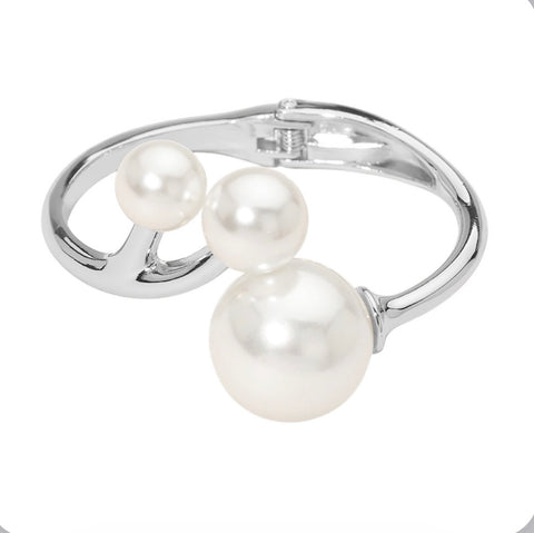 Silver Bold Pearl Tip Hinged Bangle Bracelet