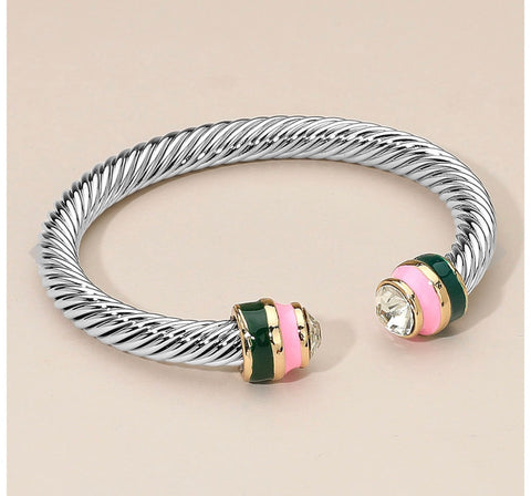 Stone Accent Two Tone Tip Twisted Cuff Bracelet