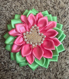 Salmon Pink & Apple Green Ivy Satin Flower Brooch