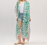 Leopard Print Long Kimono Poncho- Pink & Green