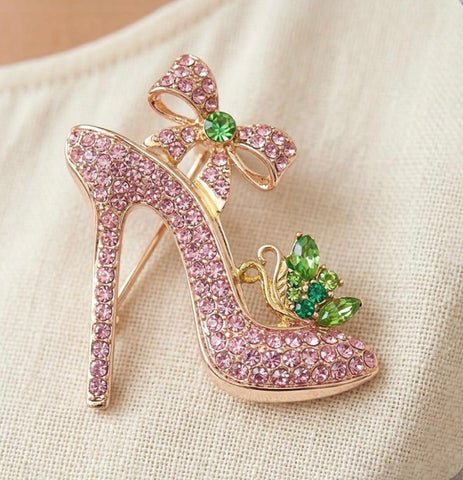 Rhinestone Embellished Bow Accent High Heel Pin Brooch