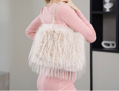 Fluffy Fuzzy Faux Fur Pearl Strap Shoulder Bag