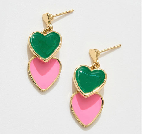 14K Gold Dipped Enamel Double Heart Drop Dangle Earrings