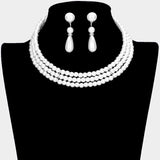 3-Row Pearl Choker Necklace & Earrings
