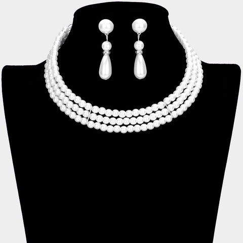 3-Row Pearl Choker Necklace & Earrings