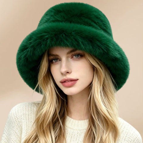 Oversized Plush Fur Winter Bucket Hat - Green