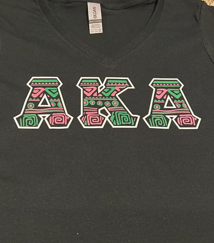 Black- AKA African Print (Kente) Design Vneck Shirt