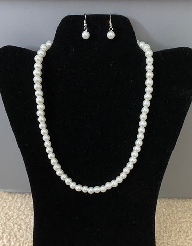 Single Strand Glass WHITE Pearl Necklace with Matching Earrings