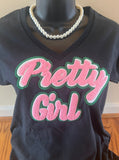 Pretty Girl Chenille Patch Short Slv Vneck Tshirt - Black