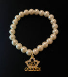 Golden Soror Rhinestone Ivy Charm Pearl Bracelet