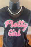 Pretty Girl Chenille Patch Short Slv Vneck Tshirt - Black