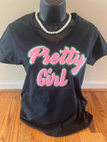 Pretty Girl Chenille Patch Short Slv Vneck Tshirt - Black